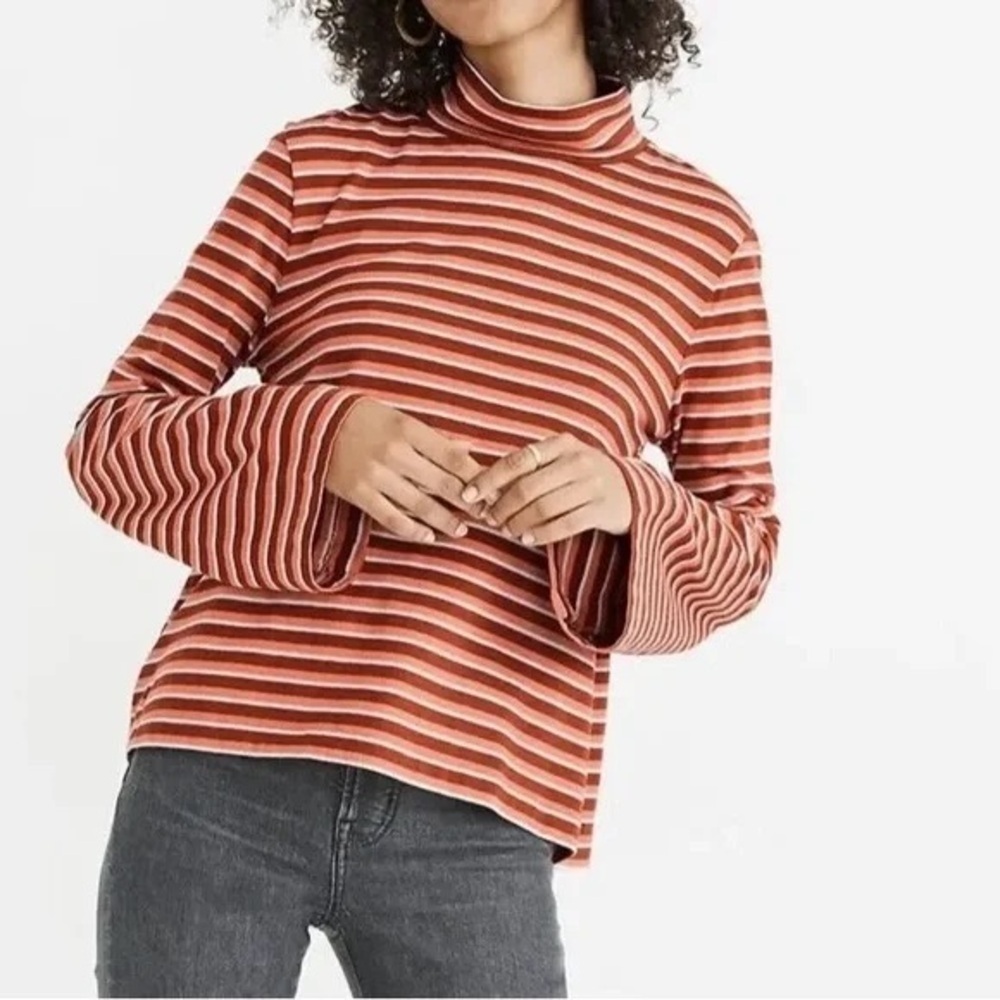 Madewell Retro Striped Mockneck Top • Wide Sleeve 70s Vibe - Size Small Boxy